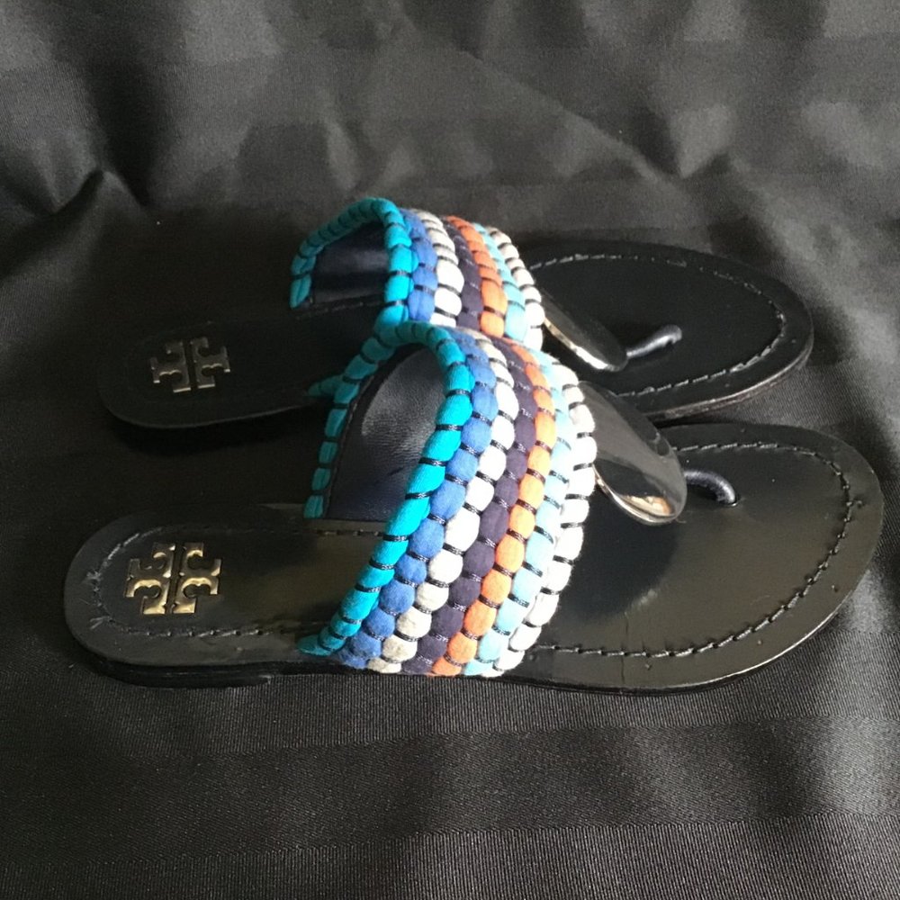 Tory Burch Women's Patos Sport Blue Silver Disk Thong Sandals Flip Flops Size 6 - Picture 6 of 8